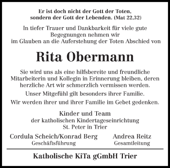 Traueranzeige von Rita Obermann von trierischer_volksfreund