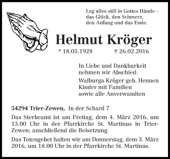 Traueranzeige von Helmut Kröger von trierischer_volksfreund