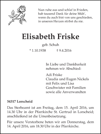 Traueranzeige von Elisabeth Friske von trierischer_volksfreund