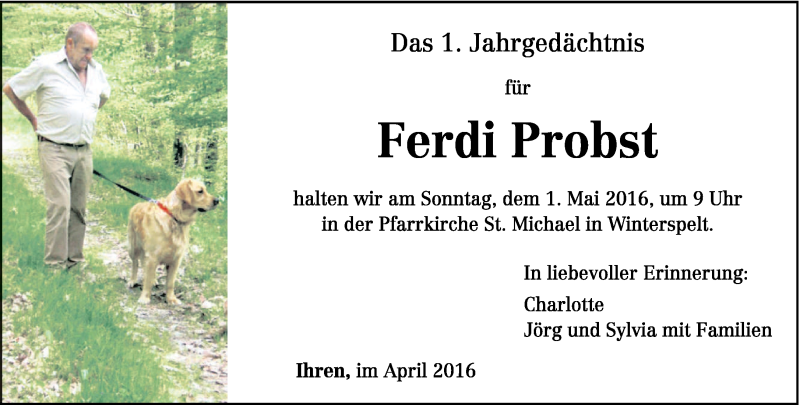  Traueranzeige für Ferdi Probst vom 25.04.2016 aus trierischer_volksfreund