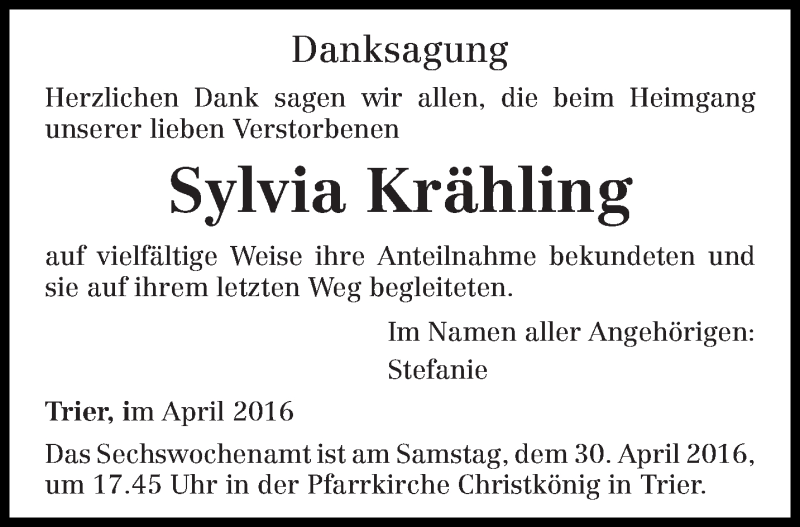  Traueranzeige für Sylvia Krähling vom 27.04.2016 aus trierischer_volksfreund