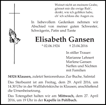 Traueranzeige von Elisabeth Gansen von trierischer_volksfreund