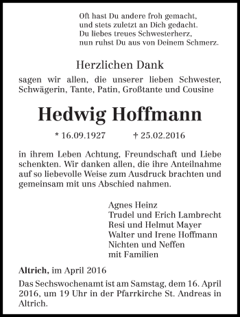 Traueranzeige von Hedwig Hoffmann von trierischer_volksfreund