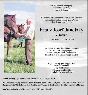 Traueranzeige von Franz Josef Janetzky von trierischer_volksfreund