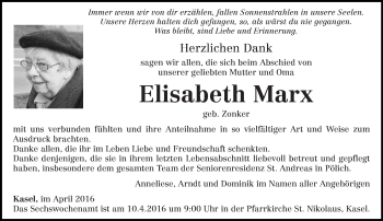Traueranzeige von Elisabeth Marx von trierischer_volksfreund