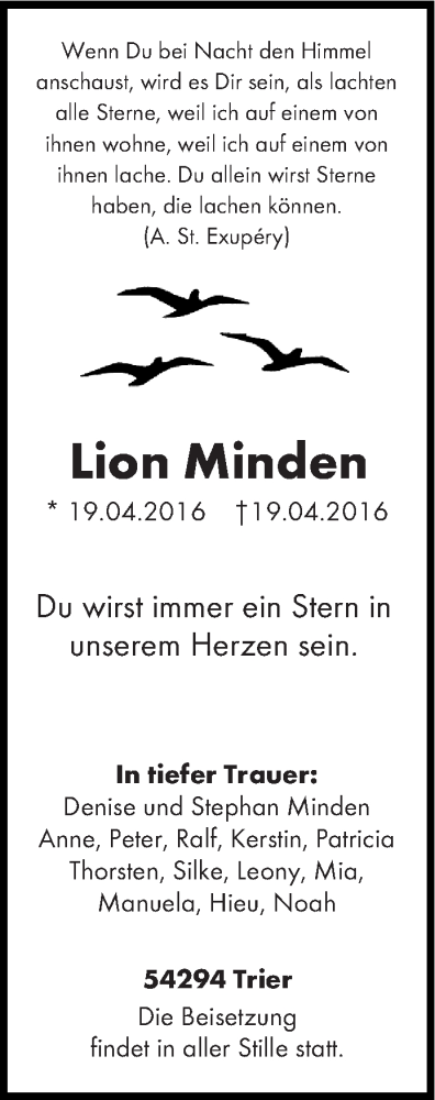  Traueranzeige für Lion Minden vom 23.04.2016 aus trierischer_volksfreund