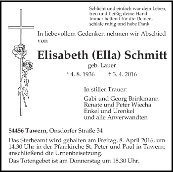 Traueranzeige von Elisabeth Schmitt von trierischer_volksfreund