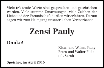 Traueranzeige von Zensi Pauly von trierischer_volksfreund