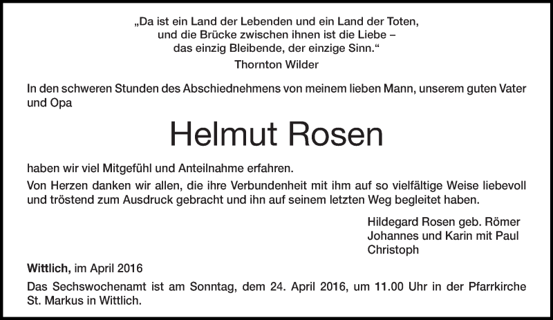  Traueranzeige für Helmut Rosen vom 16.04.2016 aus trierischer_volksfreund