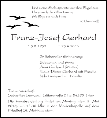 Traueranzeige von Franz-Josef Gerhard von trierischer_volksfreund
