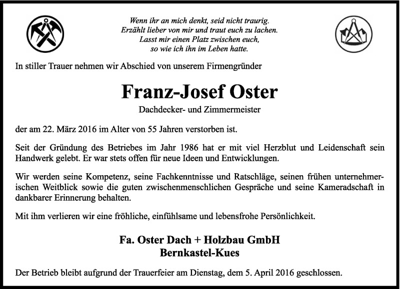  Traueranzeige für Franz-Josef Oster vom 31.03.2016 aus trierischer_volksfreund