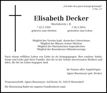 Traueranzeige von Elisabeth Decker von trierischer_volksfreund