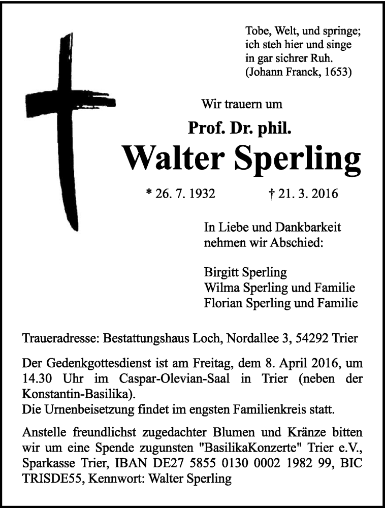  Traueranzeige für Walter Sperling vom 02.04.2016 aus trierischer_volksfreund