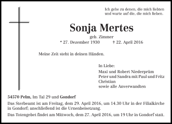 Traueranzeige von Sonja Mertes von trierischer_volksfreund