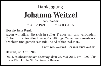 Traueranzeige von Johanna Weitzel von trierischer_volksfreund