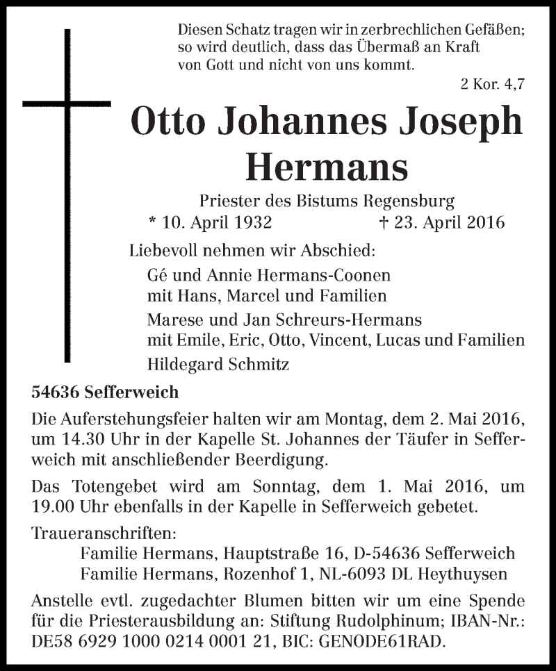  Traueranzeige für Otto Johannes Joseph Hermans vom 28.04.2016 aus trierischer_volksfreund