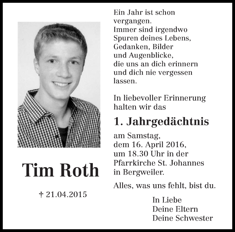  Traueranzeige für Tim Roth vom 09.04.2016 aus trierischer_volksfreund