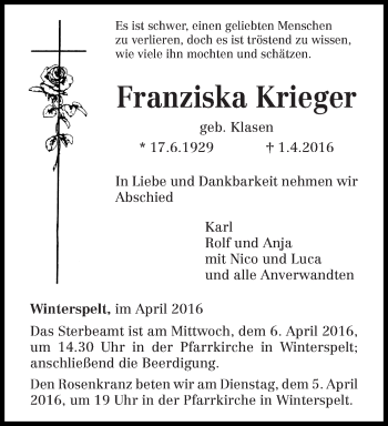 Traueranzeige von Franziska Krieger von trierischer_volksfreund