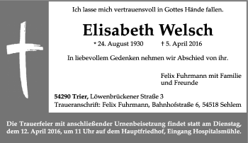 Traueranzeige von Elisabeth Welsch von trierischer_volksfreund
