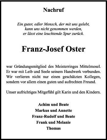Traueranzeige von Franz-Josef Oster von trierischer_volksfreund