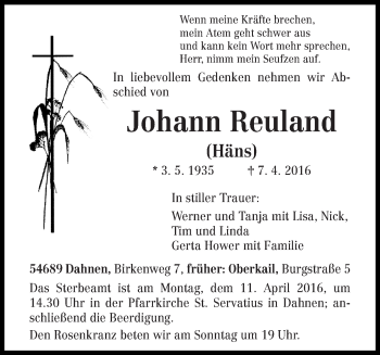 Traueranzeige von Johann Reuland von trierischer_volksfreund