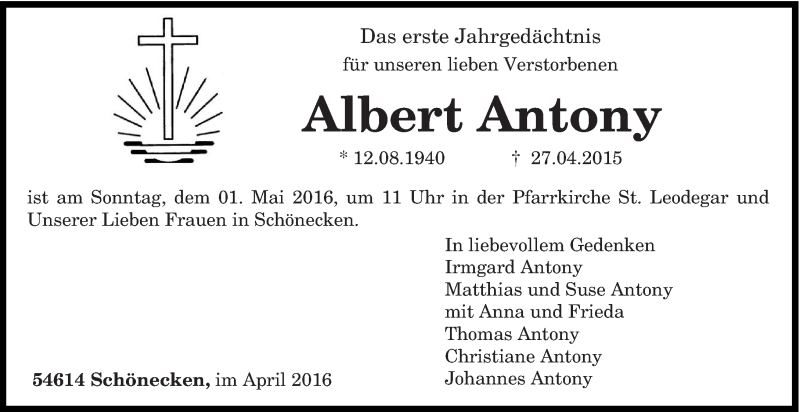  Traueranzeige für Albert Antony vom 23.04.2016 aus trierischer_volksfreund