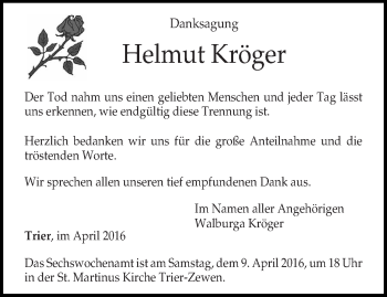 Traueranzeige von Helmut Kröger von trierischer_volksfreund