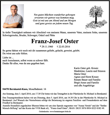 Traueranzeige von Franz-Josef Oster von trierischer_volksfreund