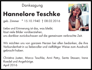 Traueranzeige von Hannelore Teschke von trierischer_volksfreund