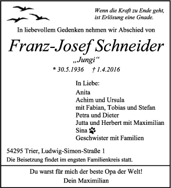 Traueranzeige von Franz-Josef Schneider von trierischer_volksfreund