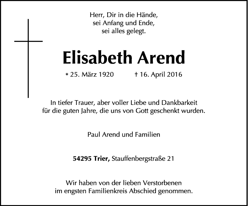  Traueranzeige für Elisabeth Arend vom 27.04.2016 aus trierischer_volksfreund