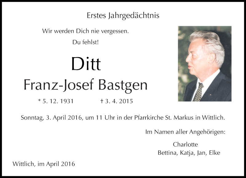  Traueranzeige für Franz-Josef Bastgen vom 02.04.2016 aus trierischer_volksfreund