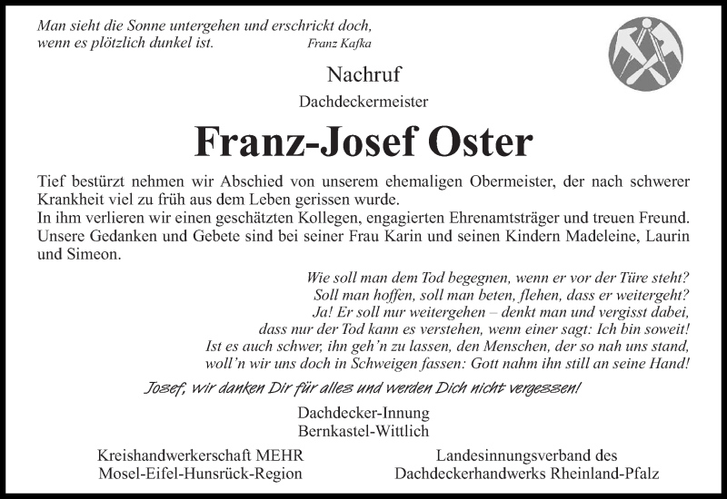  Traueranzeige für Franz-Josef Oster vom 31.03.2016 aus trierischer_volksfreund