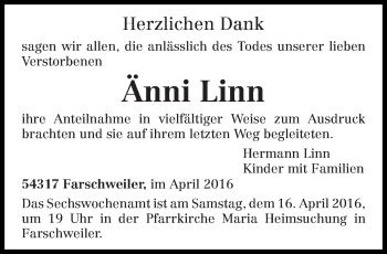 Traueranzeige von Änni Linn von trierischer_volksfreund