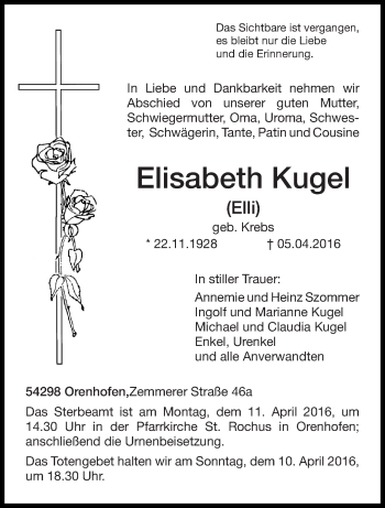 Traueranzeige von Elisabeth Kugel von trierischer_volksfreund