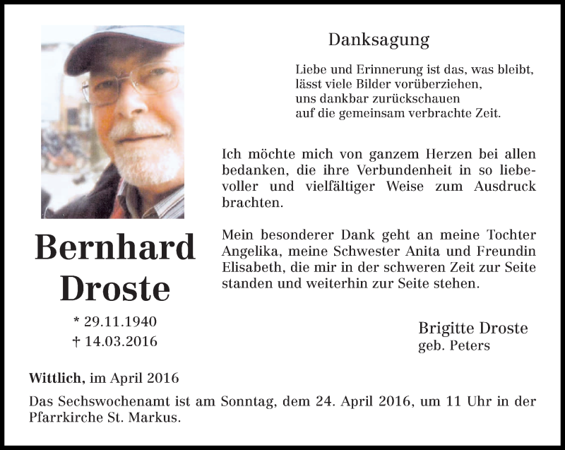  Traueranzeige für Bernhard Droste vom 20.04.2016 aus trierischer_volksfreund