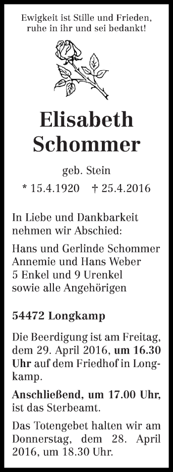 Traueranzeige von Elisabeth Schommer von trierischer_volksfreund