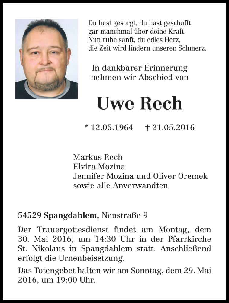  Traueranzeige für Uwe Rech vom 24.05.2016 aus trierischer_volksfreund