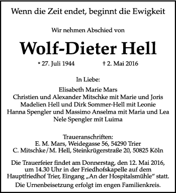 Traueranzeige von Wolf-Dieter Hell von trierischer_volksfreund