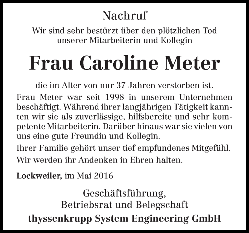  Traueranzeige für Caroline Meter vom 04.05.2016 aus trierischer_volksfreund