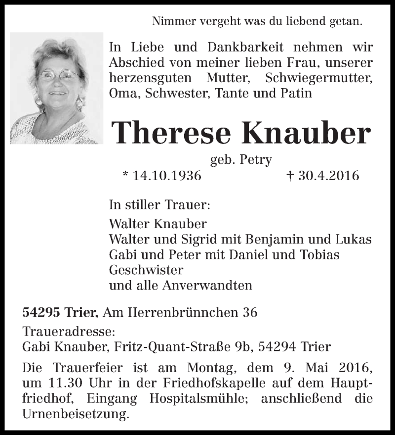  Traueranzeige für Therese Knauber vom 04.05.2016 aus trierischer_volksfreund