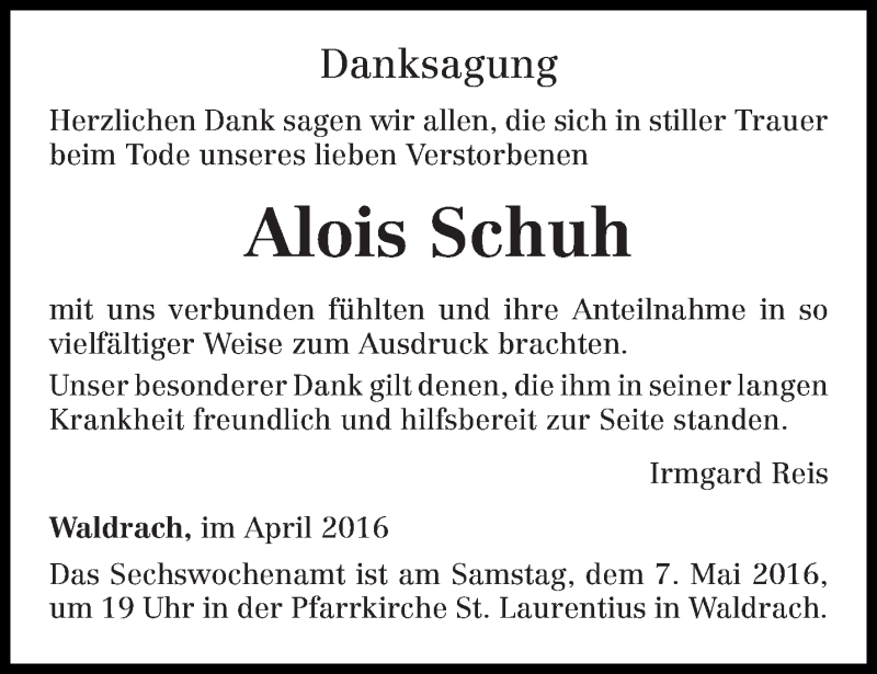  Traueranzeige für Alois Schuh vom 30.04.2016 aus trierischer_volksfreund