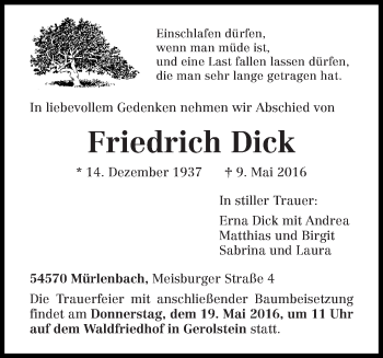 Traueranzeige von Friedrich Dick von trierischer_volksfreund