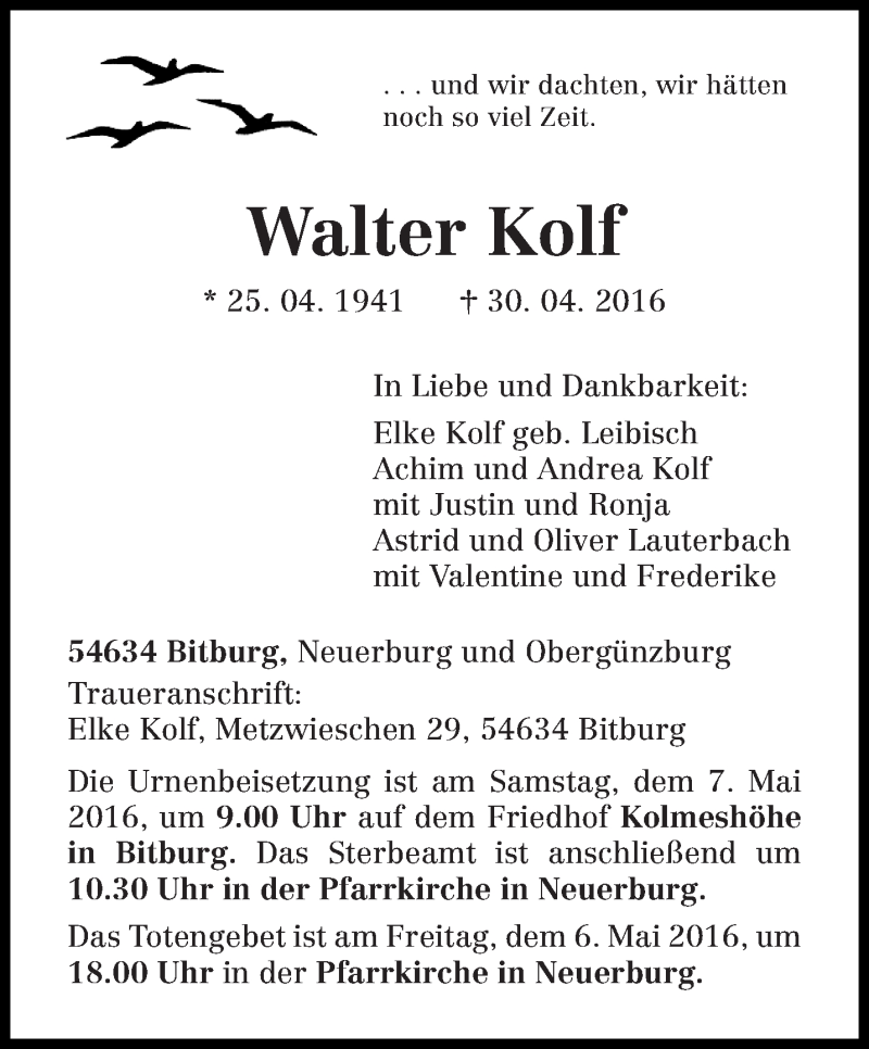  Traueranzeige für Walter Kolf vom 04.05.2016 aus trierischer_volksfreund
