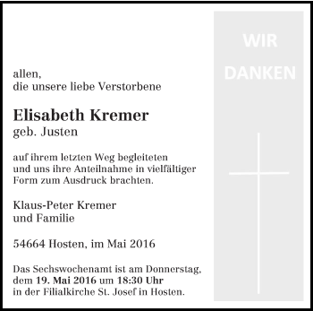 Traueranzeige von Elisabeth Kremer von trierischer_volksfreund