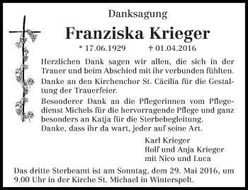 Traueranzeige von Franziska Krieger von trierischer_volksfreund