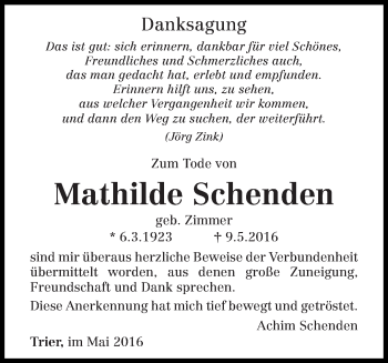 Traueranzeige von Mathilde Schenden von trierischer_volksfreund