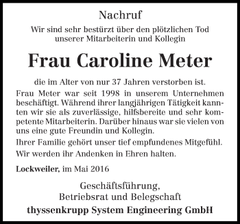 Traueranzeige von Caroline Meter von trierischer_volksfreund