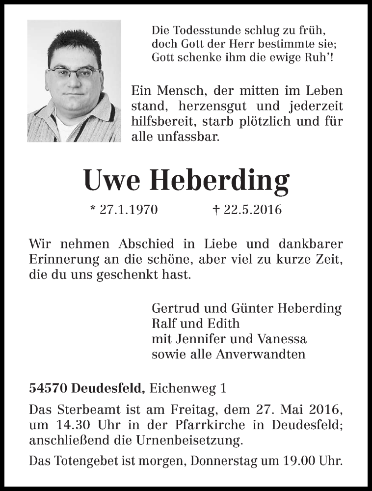  Traueranzeige für Uwe Heberding vom 25.05.2016 aus trierischer_volksfreund