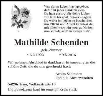 Traueranzeige von Mathilde Schenden von trierischer_volksfreund